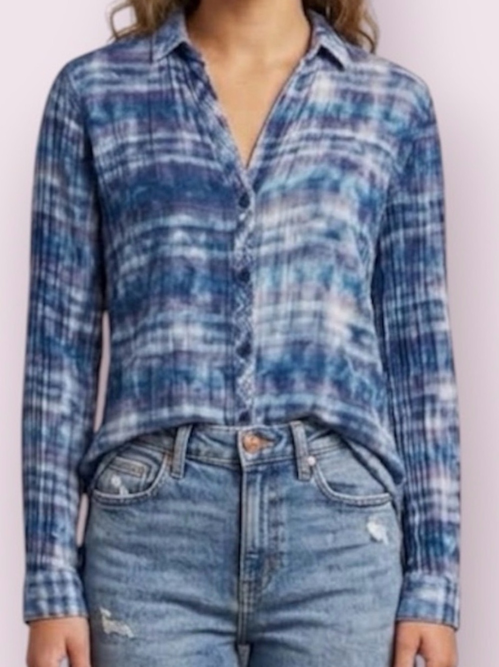 Side Stitch Gauze Bleached Plaid Button Up Top Blue Size Small